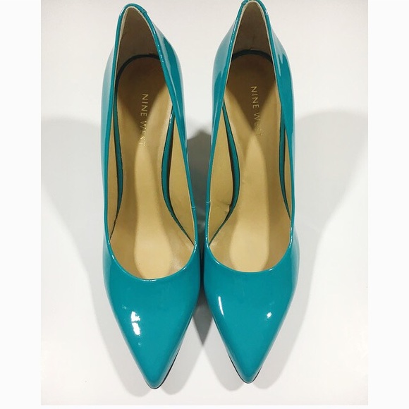 teal patent leather pumps